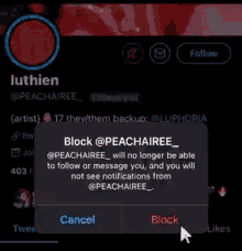 a screenshot of a person 's twitter account with a notification that they will no longer be able to follow or message you