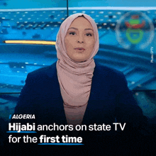 a woman wearing a hijab anchors on state tv for the first time in algeria