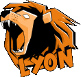 a cartoon lion with its mouth open and the word lyon on it