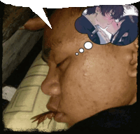 a man with a speech bubble on his forehead dreams of a kiss