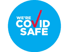 a blue circle with the words we 're covid safe