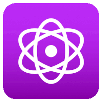 a purple square with a white icon of an atom on it