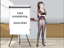 a woman stands in front of a whiteboard that says less complaining more anki