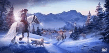 a woman is riding a horse in the snow while a wolf watches .