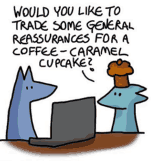 a cartoon of two foxes talking to each other with a cupcake on top of their head .