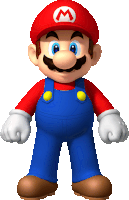 mario is wearing overalls and a red hat with a letter m on it