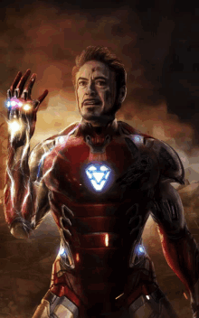 a painting of a man in an iron man suit holding up his hand