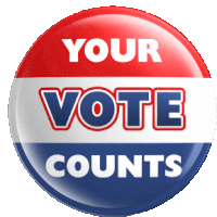 a button that says " your vote counts " in red white and blue