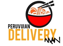 a logo for peruvian delivery man shows a bowl of noodles