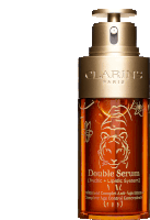 a bottle of clarins double serum with a tiger on the front