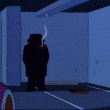 a cartoon man in a top hat is smoking a cigarette in a dark room .