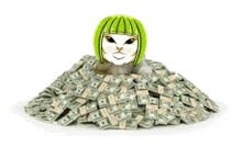 a cat with green hair is laying in a pile of hundred dollar bills