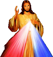 a painting of jesus with red white and blue lights coming out of his chest