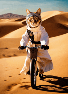 a cat riding a bike in the desert wearing a turban