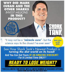 an advertisement for mark cuban and the other sharks investing millions in this product