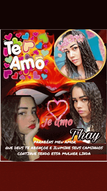 a picture of a girl with the words te amo je amo and thay on it