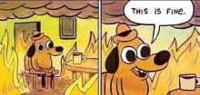 a cartoon dog is sitting at a table with a cup of coffee and a speech bubble that says `` this is fine ''