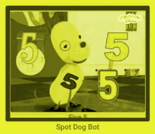 a picture of a yellow dog with the number 5 on its chest