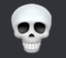 a white skull with black eyes and teeth on a dark background .