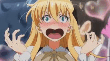 a blonde anime girl with a surprised look on her face is holding her hands up .