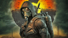 a man wearing a gas mask is standing in front of a large explosion