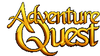 a logo for adventure quest is shown in gold letters