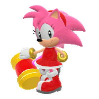 a pink cartoon character is holding a red and yellow toy