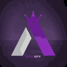 a logo for astrocity with a crown on top