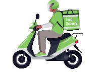 a man is riding a green scooter with a bag that says food delivery