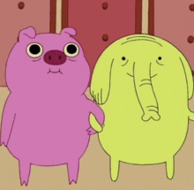 a pink pig and a yellow elephant are standing next to each other in a room .