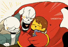 a cartoon drawing of papyrus sans and frisk with the word undertale on the bottom right