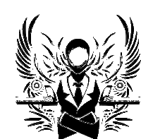 a black and white silhouette of a man in a tuxedo with wings holding a tray .