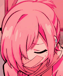 a close up of a pink haired anime character with a bandage on her mouth