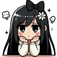 a girl with long black hair has a flower in her hair and a bow on her head