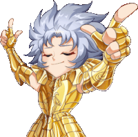 a cartoon character with white hair and gold armor is giving a thumbs up