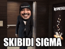 a man in a suit and hat with skibidi sigma written on it