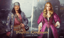 a poster for pirates of the caribbean shows a man and a woman standing next to each other