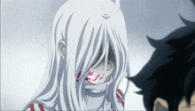 a girl with white hair has blood coming out of her mouth