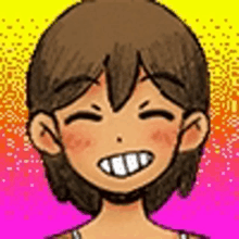 a cartoon girl with brown hair is smiling with her eyes closed and a big smile on her face .