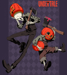 two skeletons with pumpkins on their heads and the word undertale on the bottom right