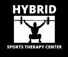 a logo for hybrid sports therapy center with a man squatting and lifting a barbell over his head