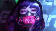 a woman with purple hair wearing a mask with a pink mouth