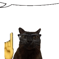 a black cat with glasses and a yellow hand pointing up