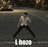 a man in a white shirt and black pants is standing on a cobblestone street and says l bozo on the bottom right