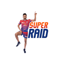 a man in a red and blue jersey with the words super raid on it