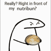 a cartoon character is holding a loaf of bread in front of a sign that says `` right in front of my nutribun ''