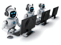 three robots wearing headsets are sitting in front of computer monitors