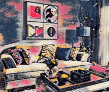 a painting of a living room with a couch and pillows and a lamp