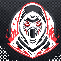 a white mask with red eyes and a hood on a checkered background