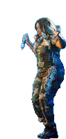 a woman in a camo jumpsuit is holding a microphone